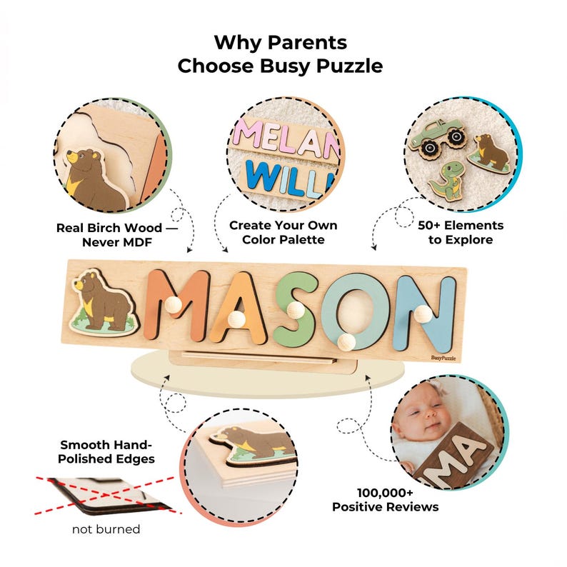 May include: A wooden name puzzle with the name "MASON" in colorful letters. The puzzle includes a bear-shaped piece and is displayed on a wooden stand. The image also highlights features like real birch wood and smooth edges.