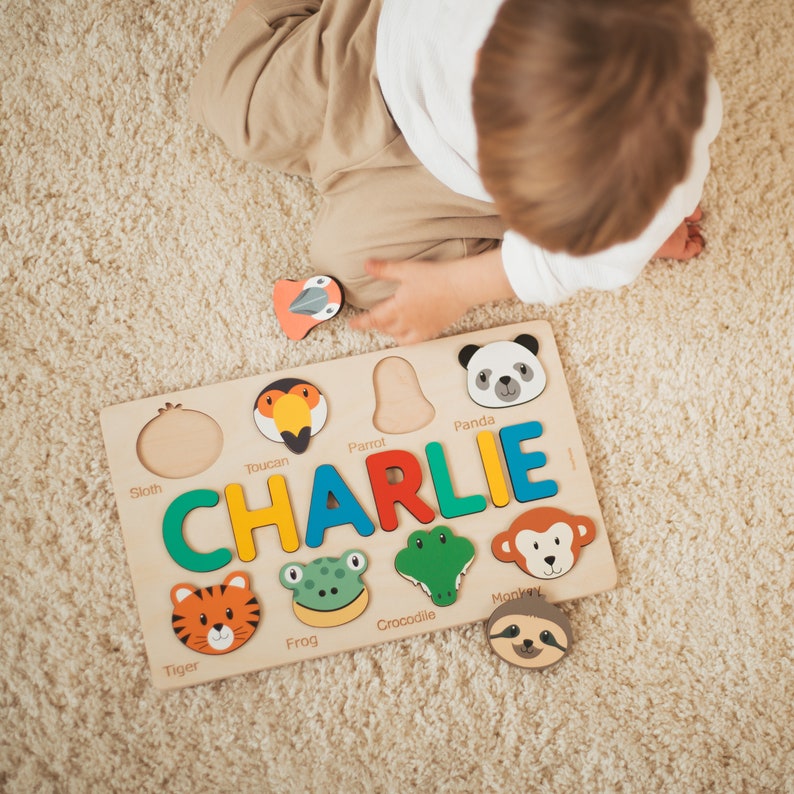 Name Puzzle With Animals, Ocean Nursery Decor, Toddler Montessori Toys, First Birthday Gift, Wooden Educational Toy, Custom Baby Shower Gift image 3