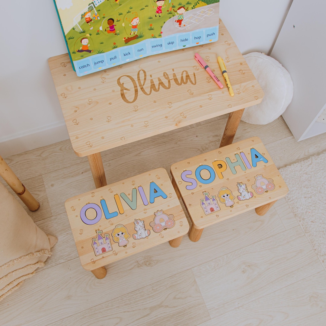 Personalized Wooden Stool Custom Name Puzzle Montessori Helper for Kids ...