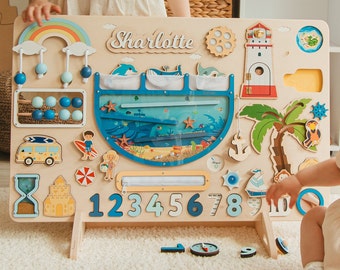 Personalized Busy Board Ocean Theme Large Toddler Busy Board Baby 1 2 3 Year Old Christmas Gift For Kids Wooden Toddler Toys Birthday Gift