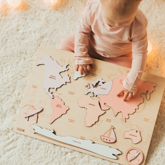 Puzzle carte du monde, fille de 3 ans et plus, jouet éducatif, cadeau  d'anniversaire de bébé, cadeau de Noël pour enfant, décoration de chambre  rose, puzzle Montessori Occupé -  France