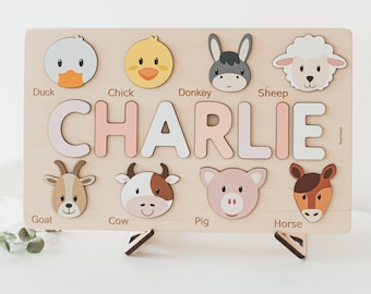 Baby Mädchen Namen Puzzle mit Bauernhof Tiere personalisierte Geburtstagsgeschenk Holzspielzeug Erster Geburtstag Mädchen und Junge Montessori Brett Kundenspezifisches Puzzle