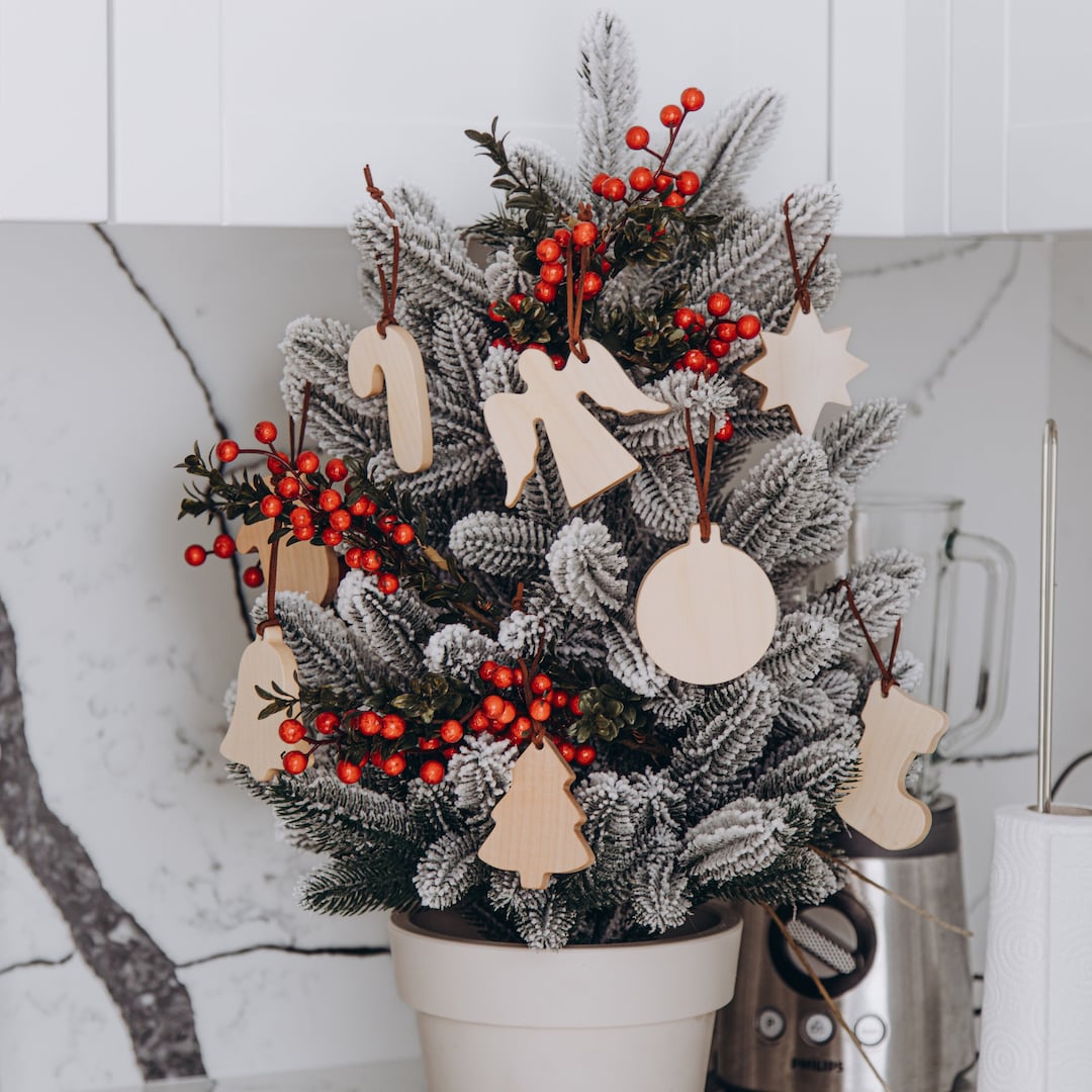 Set of 10 Traditional Christmas Tree Ornaments. Wooden Christmas