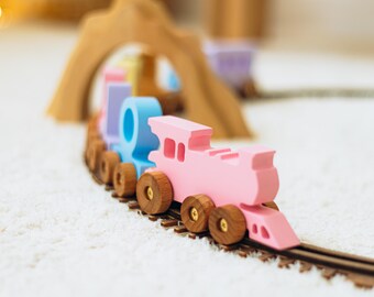 Trenino giocattolo blu con nome, trenino in legno, vagoni con