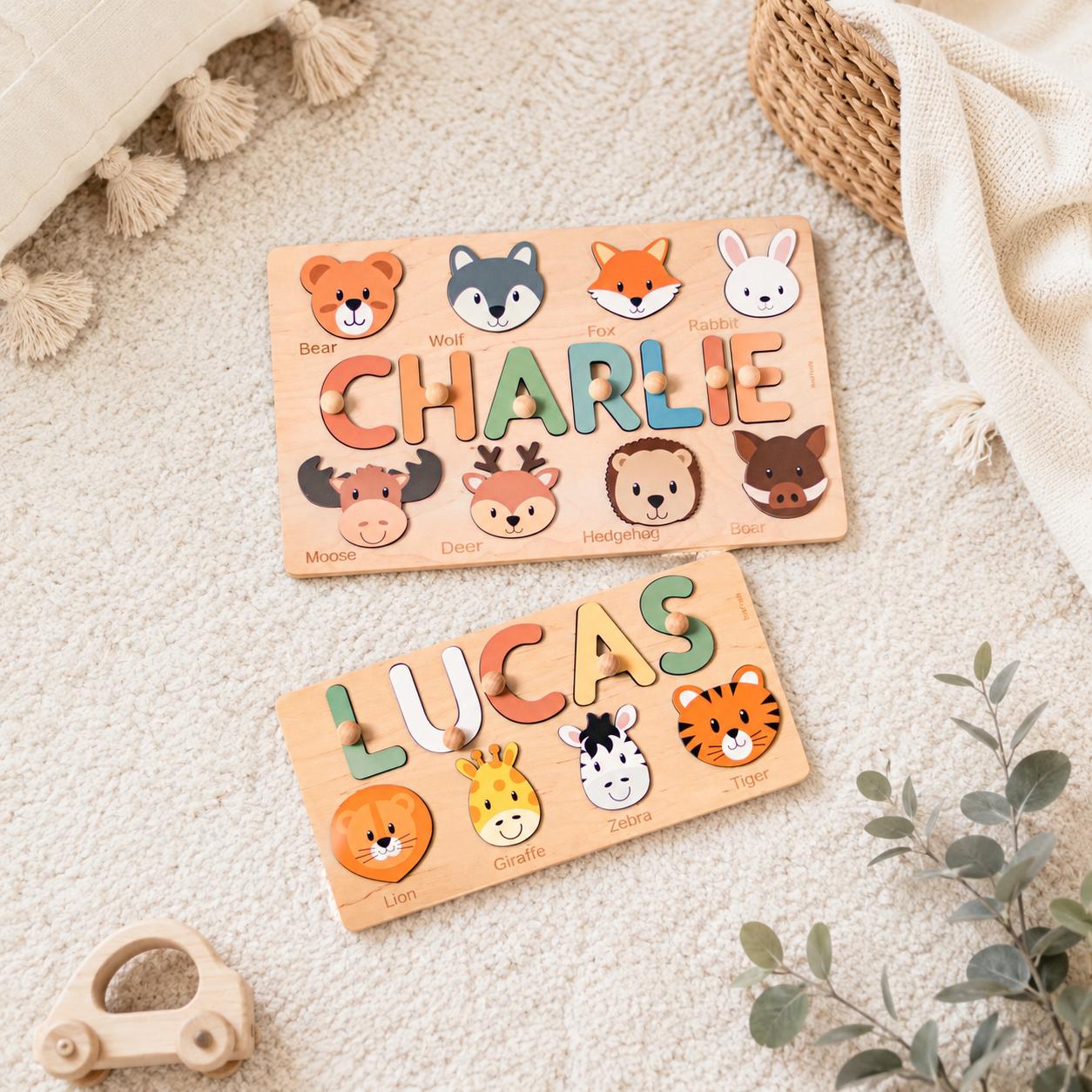 Personalized Wooden Name Puzzle Set with Woodland and Safari Animals, Toddler Birthday Gift