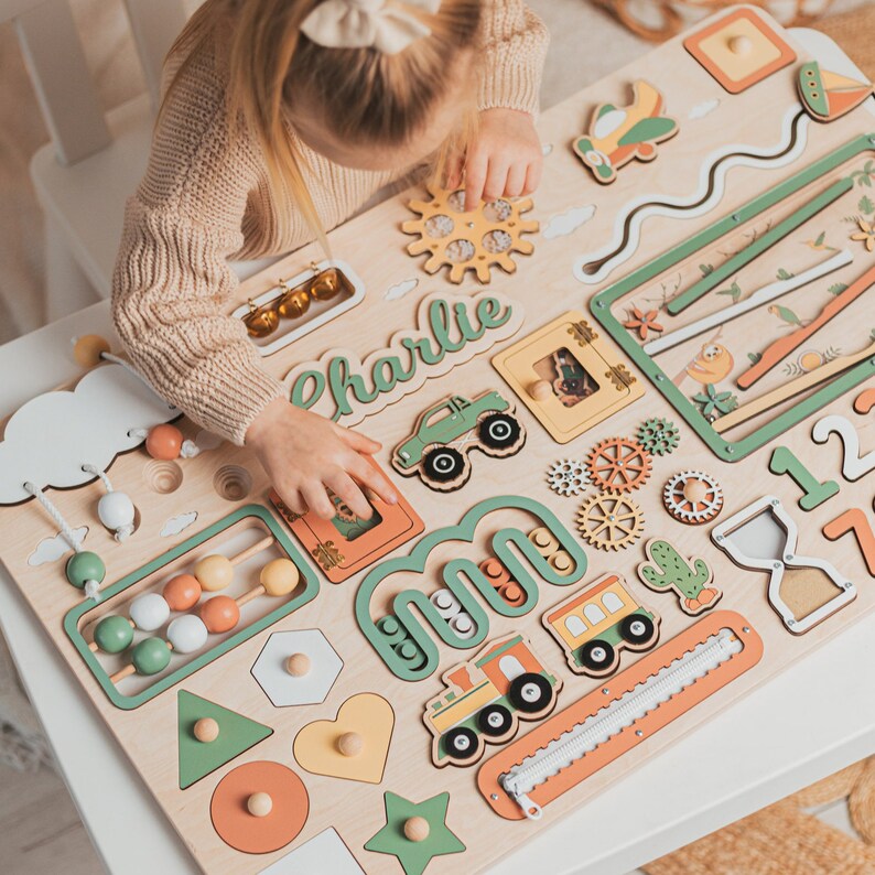 Montessori Activity Busy Board Wooden Busy Board Toddler Educational Toy Personalized Gifts For Kids Sensory Toys 2 Year Old Baby Boy image 1