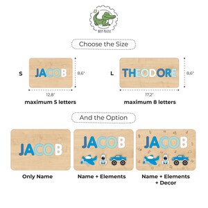May include: A wooden name puzzle board with blue and white letters. Size S measures 12.8 inches by 8.6 inches for 5 letters, and size L measures 17.2 inches by 8.6 inches for 8 letters. Options include name only, name with elements, or name with elements and decor.