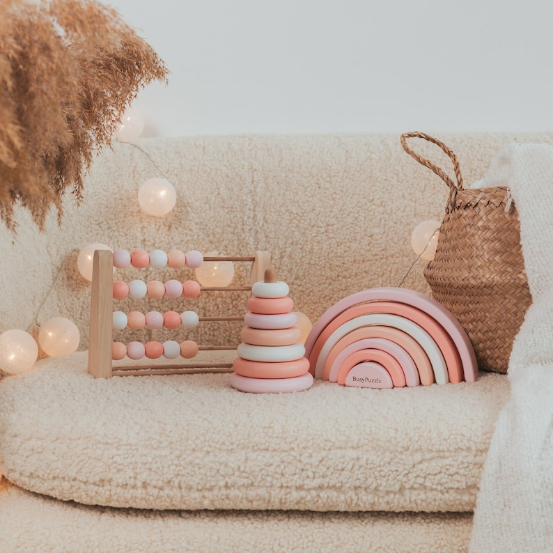 Baby Girl Nursery Decor Pastel Pink Rainbow Wooden Rainbow Toy Boho Rainbow Decor Montessori Toys Wooden Ring Stacker image 1