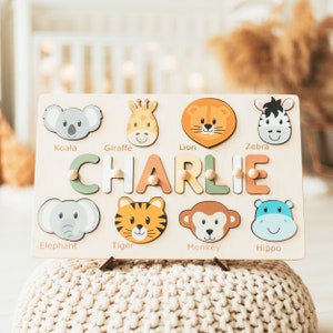 Name Puzzle with Animals Personalized Baby Shower Gift Baby Toddler Kids Toys Wooden Toys First Birthday Girl and Boy Baby Name Puzzle Gifts image 5