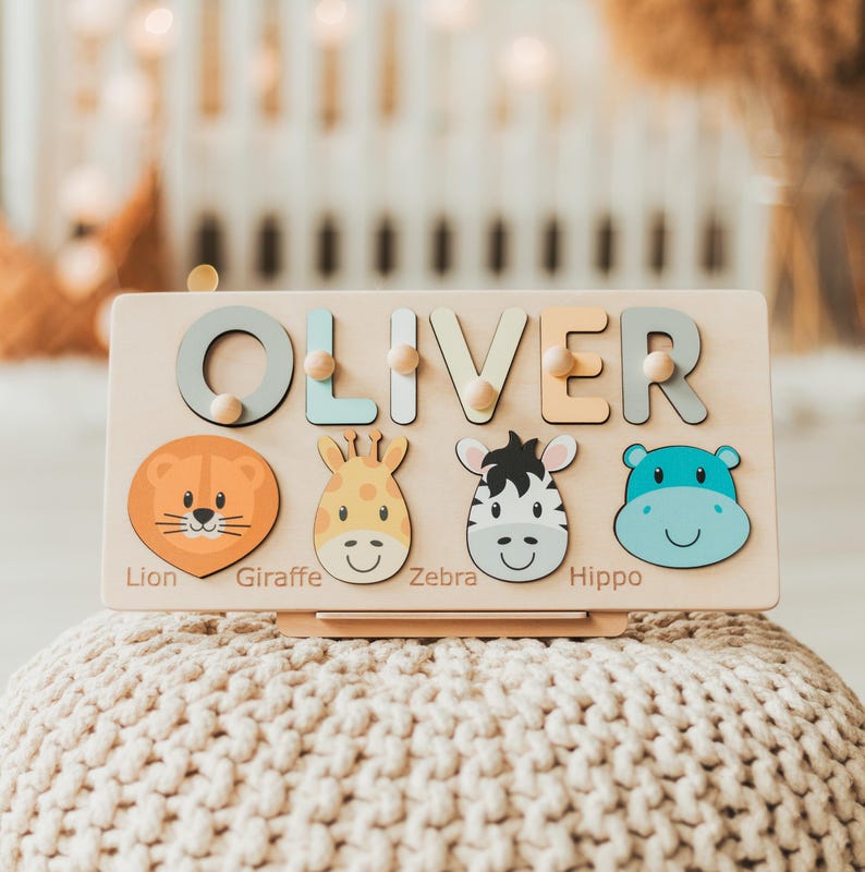 Montessori Name Puzzle With Animals Baby Shower Gift First Birthday