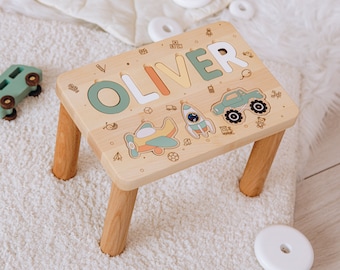 Taburete infantil personalizado con diseño de piezas de rompecabezas, banco con nombre, taburete para niños, regalo para baby shower, primer cumpleaños, regalo de cumpleaños grabado