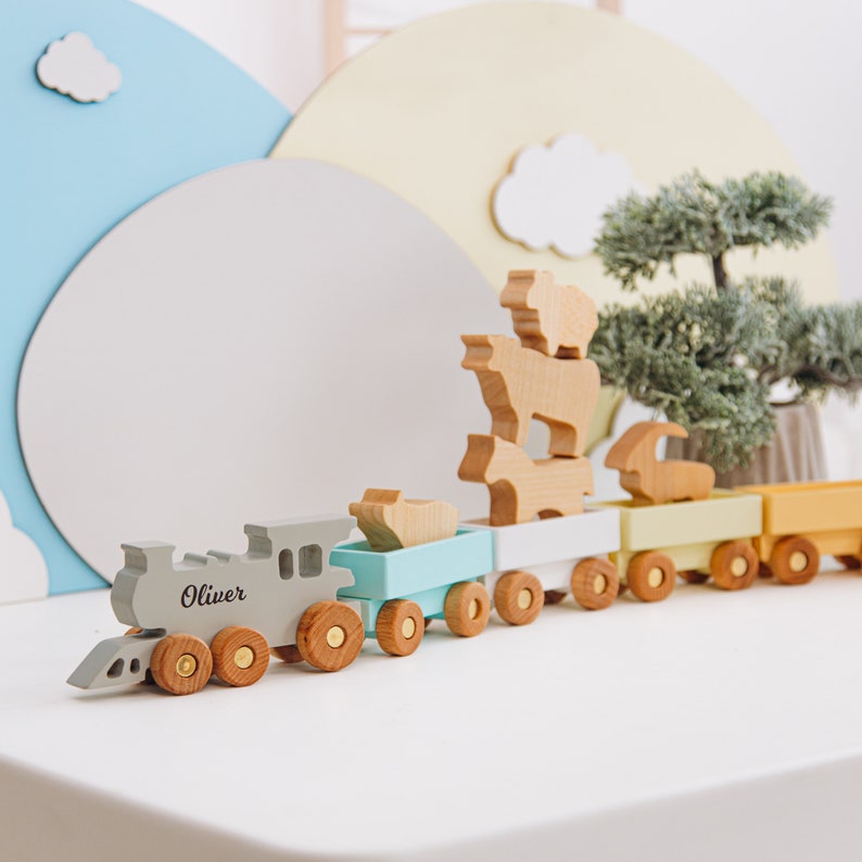 Rainbow Train With Name. Additional Set of Animals. Wooden Toys For Kids. Personalized Baby Boy Gift. Fidget Toddler Toy. 1st Birthday Gift. image 8