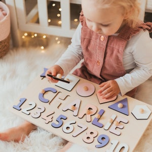 Educational Name Puzzle, Wooden Numbers & Shapes, Montessori Board, Toys For Toddler, Personalized Puzzle With Pegs at Extra Charge image 3