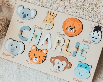 Safari Animal Custom Name Puzzle Montessori Toys Name Busy Puzzle Alphabet Recognization Baby Boy Gift Jungle Animals Puzzle Board