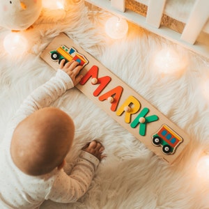 Baby Name Puzzle with Train Newborn Gift for Baby Girl and Boy Baptism Gifts Cute Name Puzzle Educational Toy Baby Nursery Decor image 1
