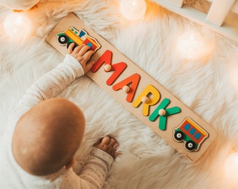 Baby Name Puzzle with Train Newborn Gift for Baby Girl and Boy Baptism Gifts Cute Name Puzzle Educational Toy Baby Nursery Decor