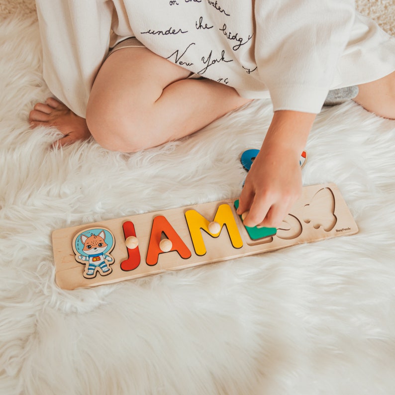 Name puzzle with additional elements, Personalized baby gifts, Wooden toddler toys, 1st Birthday, Baby shower, Christening, First Easter image 4