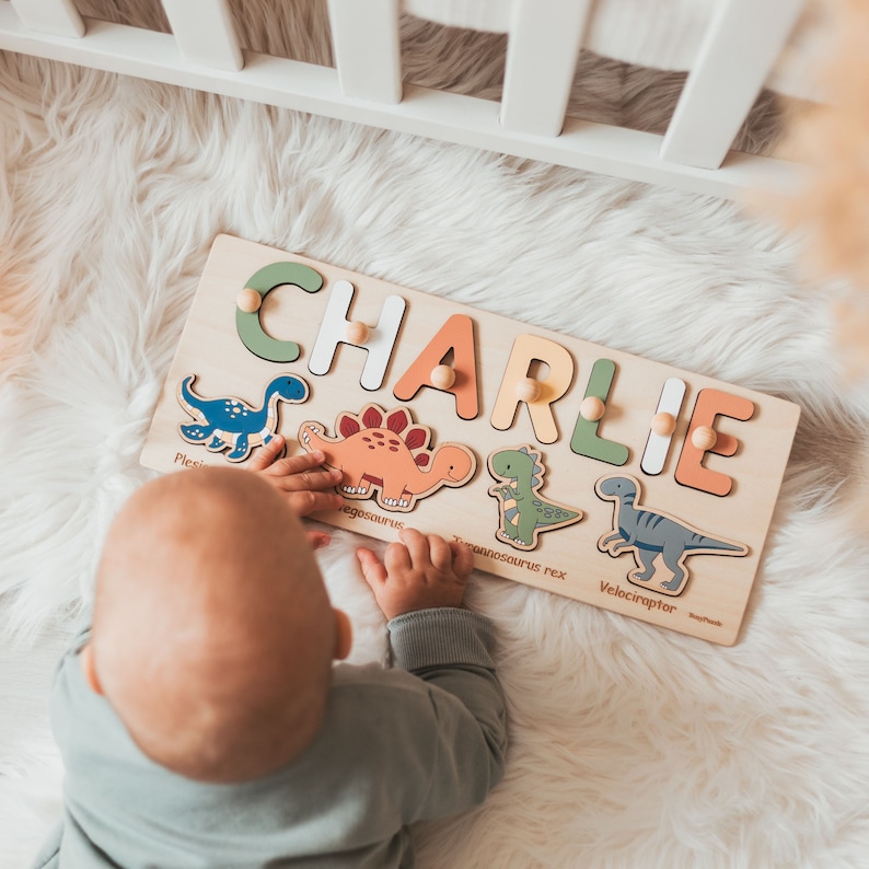 Dinosaur Name Puzzle, Baby Boy, 2 Years Old, Personalized Gift, Montessori Toy, Easter Gifts For Kids, Custom Puzzle, Dino Baby Shower image 1