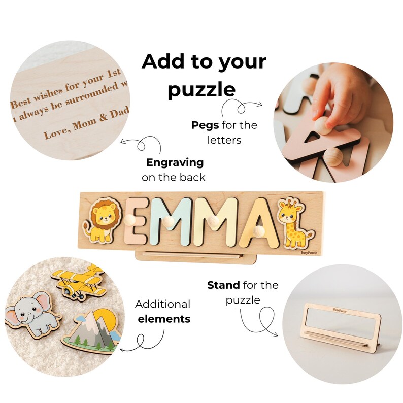 以下が含まれることがあります： EMMAという名前の木製パズル。ライオンとキリンの絵柄、文字の上のペグ、裏面のBest wishes for your 1st, always be surrounded with, Love, Mom & Dadという刻印、木製スタンド、および追加のパズルピースが含まれています。