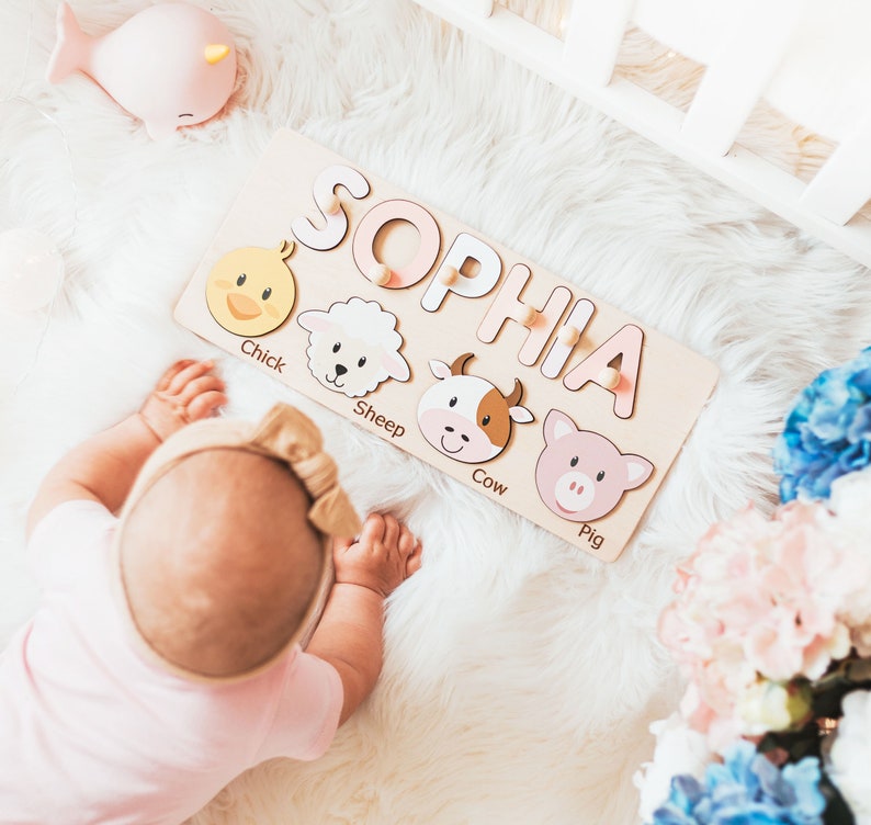 Name Puzzle with Animals Personalized Baby Shower Gift Baby Toddler Kids Toys Wooden Toys First Birthday Girl and Boy Baby Name Puzzle Gifts image 4