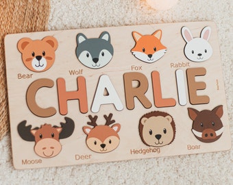 Custom Name Puzzle With Animals For Toddlers Unique Baby Gift Forest Animals Puzzle Board Unique New Baby Gift Nursery Decor Montessori Toys