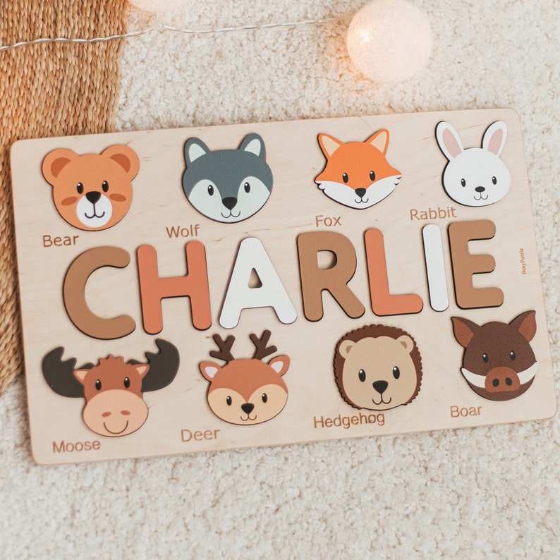 Custom Name Puzzle With Animals For Toddlers Unique Baby Gift Forest Animals Puzzle Board Unique New Baby Gift Nursery Decor Montessori Toys image 1