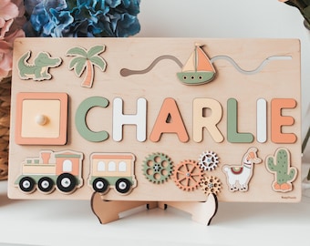 Personalized Busy Name Puzzle for Boy Wooden Montessori Toy for Toddlers Khaki Nursery Decor Custom Gifts For Kids Birthday Gift for Boys