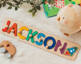 First Birthday Gift for Baby Boy Sensory Activity Toys Wooden Name Puzzle with Pegs Custom Gift for Kids 1 Year Old Gift Baby Shower Gift