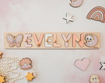 Natural Wooden Name Puzzle With Pegs Nursery Name Sign Baby Boy and Baby Girl Name Puzzle Engraved Baby Gift Baby Shower Gift Kids Toys