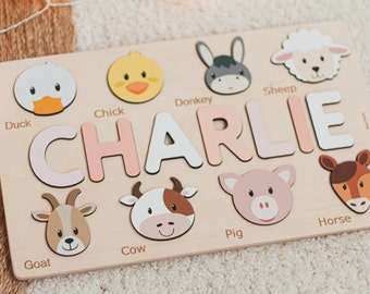 Personalized Baby Name Puzzle With Animals Baptism Nephew Gift Custom Birthday Gift Montessori Board 2 Years Old Wooden Kids Toys