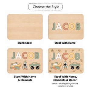 May include: Four rectangular light wood stool tops showing customization options. The first is blank. The second features the name JACOB in pastel letters. The third adds airplane, rocket, and truck graphics. The fourth includes additional small toy engravings.