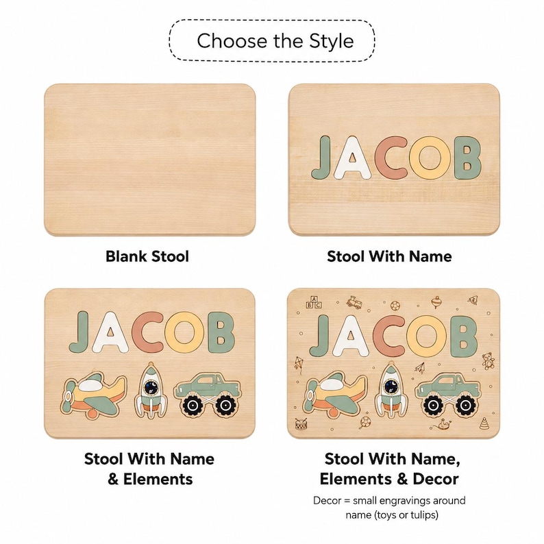 May include: Four rectangular light wood stool tops showing customization options. The first is blank. The second features the name JACOB in pastel letters. The third adds airplane, rocket, and truck graphics. The fourth includes additional small toy engravings.