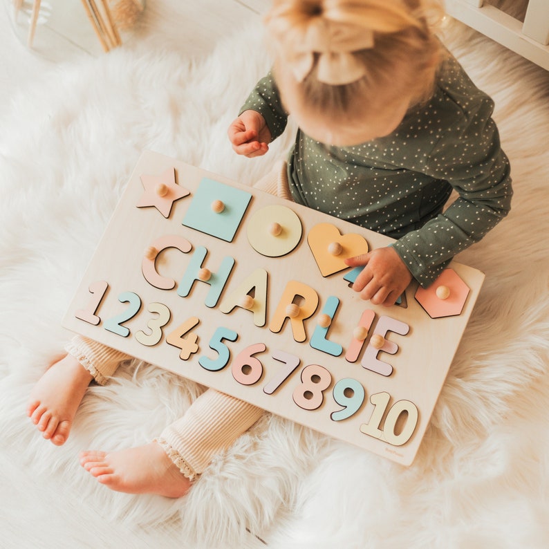 Educational Name Puzzle, Wooden Numbers & Shapes, Montessori Board, Toys For Toddler, Personalized Puzzle With Pegs at Extra Charge image 1