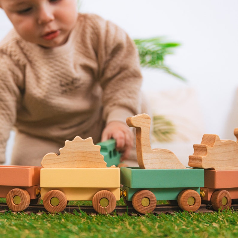 Freight Train With Dinosaurs Wooden Toys For Toddlers Dino Birthday Gift For Kids Sensory Toys Baprtism Gifts Montessori Preschool Toys image 1