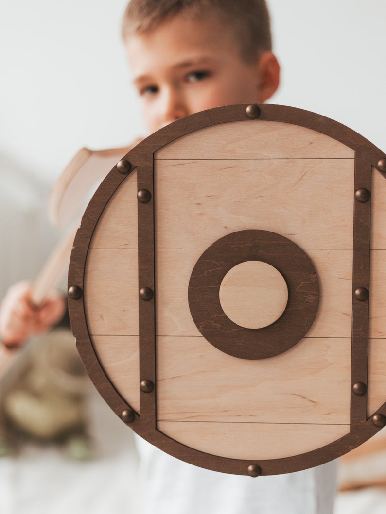 Traditional Wooden Shield With Weapon at Extra Charge - Medieval Gift for Kids - Waldorf Toys - Christmas Gifts 