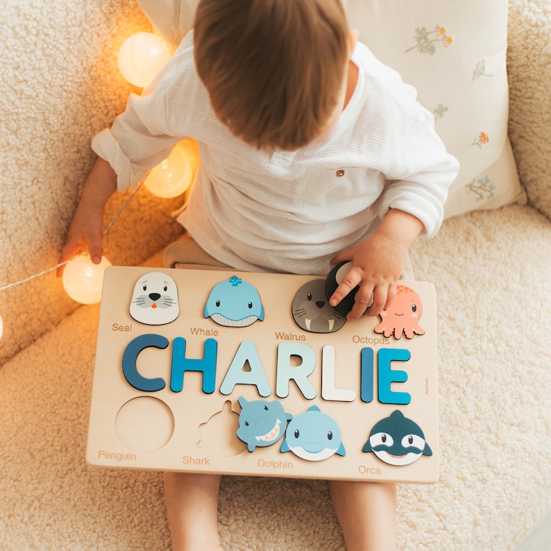 Custom Name Puzzle with Animals, Personalized Birthday Gift, Christmas Gifts For Toddlers, Unique Baby Gift, Wooden Montessori Toys For Kids image 2