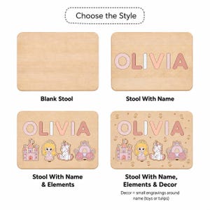 May include: Four rectangular wooden stool tops showing customization options. One is blank, one features the name OLIVIA, one adds cartoon figures of a castle, princess, unicorn, and carriage, and one includes additional small tulip engravings.