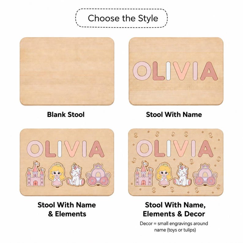 May include: Four rectangular wooden stool tops showing customization options. One is blank, one features the name OLIVIA, one adds cartoon figures of a castle, princess, unicorn, and carriage, and one includes additional small tulip engravings.