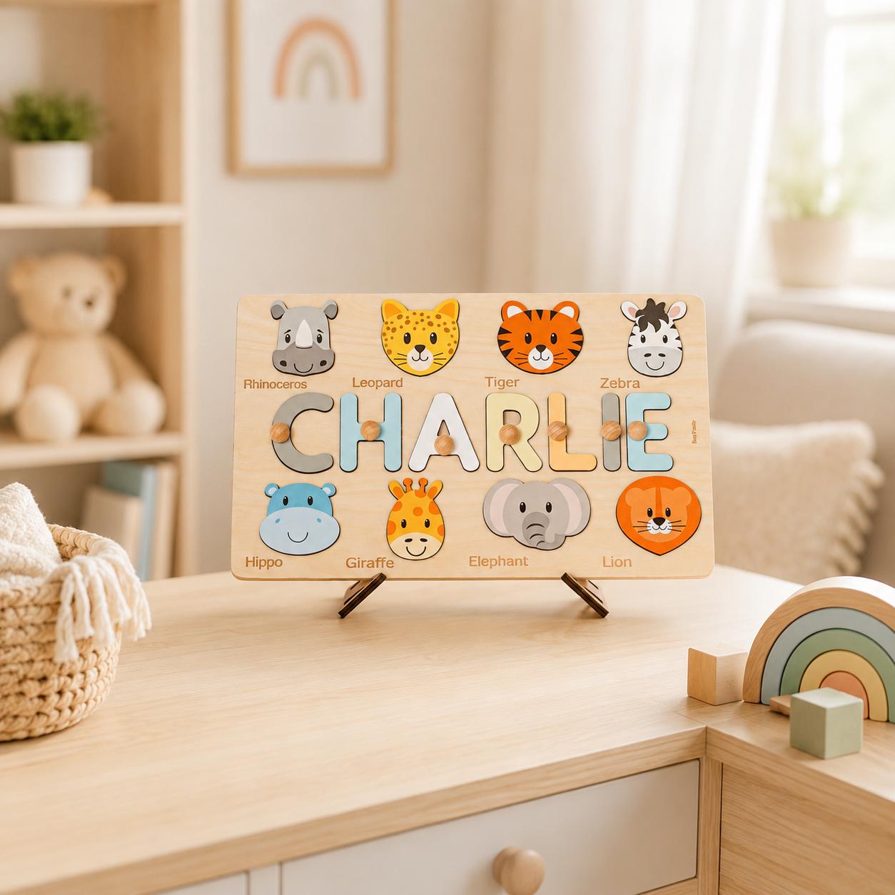 Personalized Wooden Name Puzzle with Zoo Animals for CHARLIE, Custom Toddler Learning and Birthday Gift
