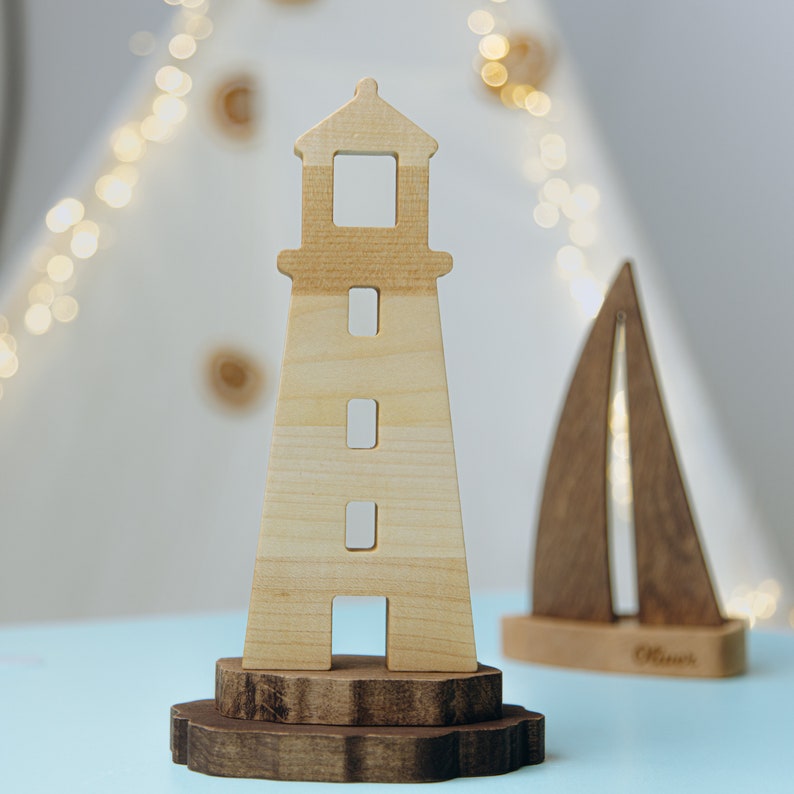 Wooden Toy Ship With Lighthouse. Personalized Baby Gift. Pretend Play Toddler. Waldorf Toys. Ocean Nursery Decor. Easter Gifts For Kids. image 8