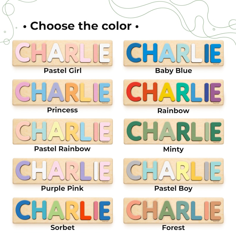 以下が含まれることがあります： 「CHARLIE」という名前が記された10種類の木製ネームパズル。各パズルは明るい木製のベースに切り抜かれた文字で構成されています。パステルカラー、レインボー、ブルー、グリーン、ピンク、アースカラーなど、様々な色の組み合わせが用意されています。