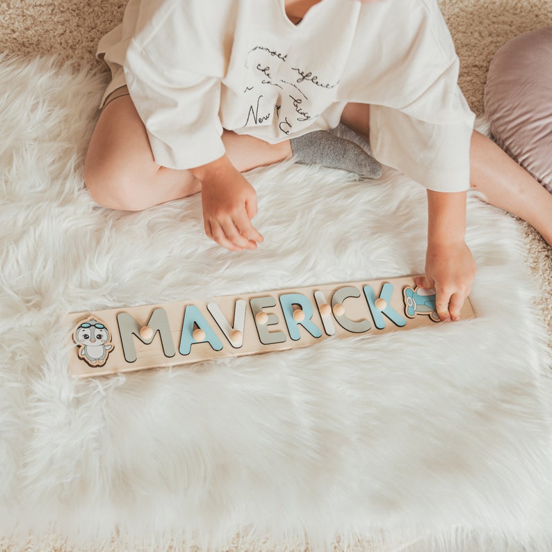 Personalized Name Puzzle With Pegs, Montessori Toys, Baby Gift, First Christmas, Wooden Toys, Baby Shower Gift for Kids, Wood Name Puzzle image 3