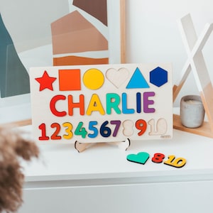 Personalized Montessori Math Board, Baby Name Puzzle, Unique Boy and Girl Birthday Gift, Toddler First Easter, Wooden Shapes and Numbers image 3