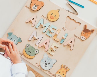 Baby Name Puzzle With Animals, Educational Wooden Toy, Custom Birthday Gift, Montessori Board 2 Years Old, Puzzle With Pegs at Extra Charge