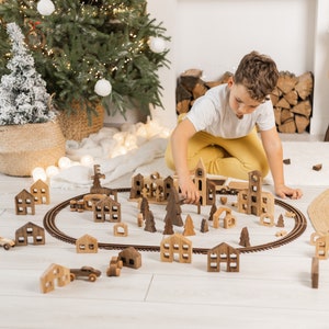 Solid wood toys Wooden village Pretend play houses Birthday boy gift Christmas gifts for kids Wooden train with railway at extra charge image 4