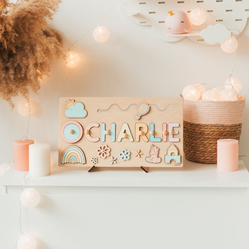 Wooden Busy Board Personalized Name Puzzle Baby Girl Gift Nursery Decor First Christmas Gift Wooden Toys 1st Birthday Gift image 7