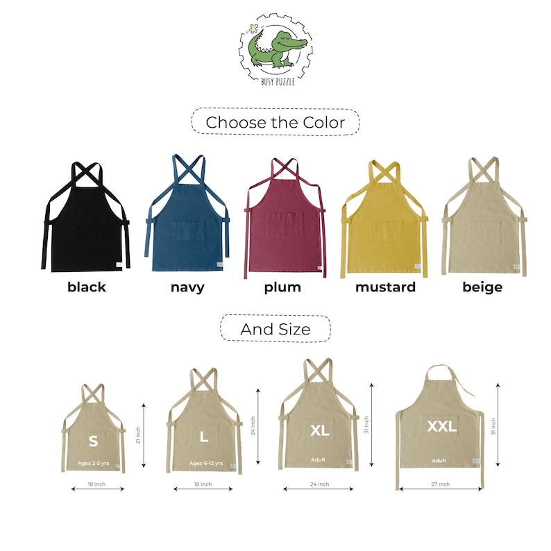 Personalized Aprons for Kids & Adults. 5 Colors 4 Sizes. Name