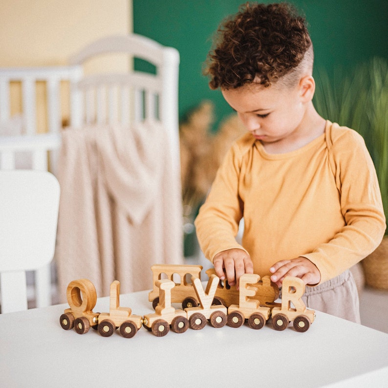 Wooden Train With Name, 1 Year Old Boy, 1st Birthday Gift, Wooden Montessori Toy For Toddlers, Baby Boy Personalized Gift, Custom Name Sign image 1