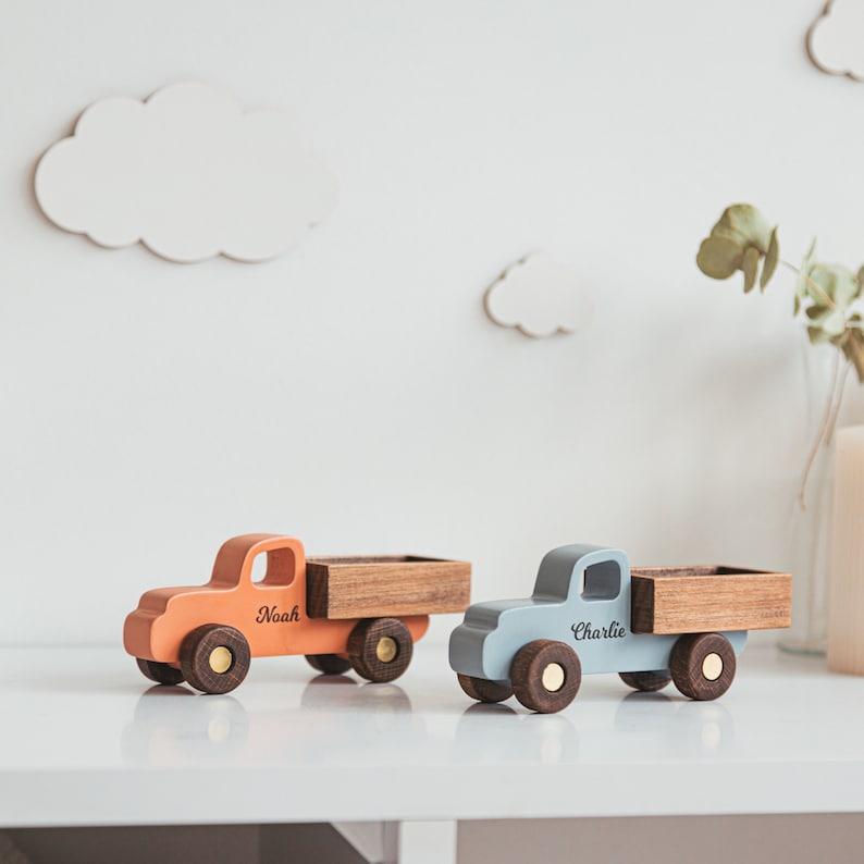 Collect Wooden Cars With Names, Sensory Toys For Toddlers, Baby Birthday Gift, Wooden Truck Toy, Personalized Gift For Kids, First Christmas image 1