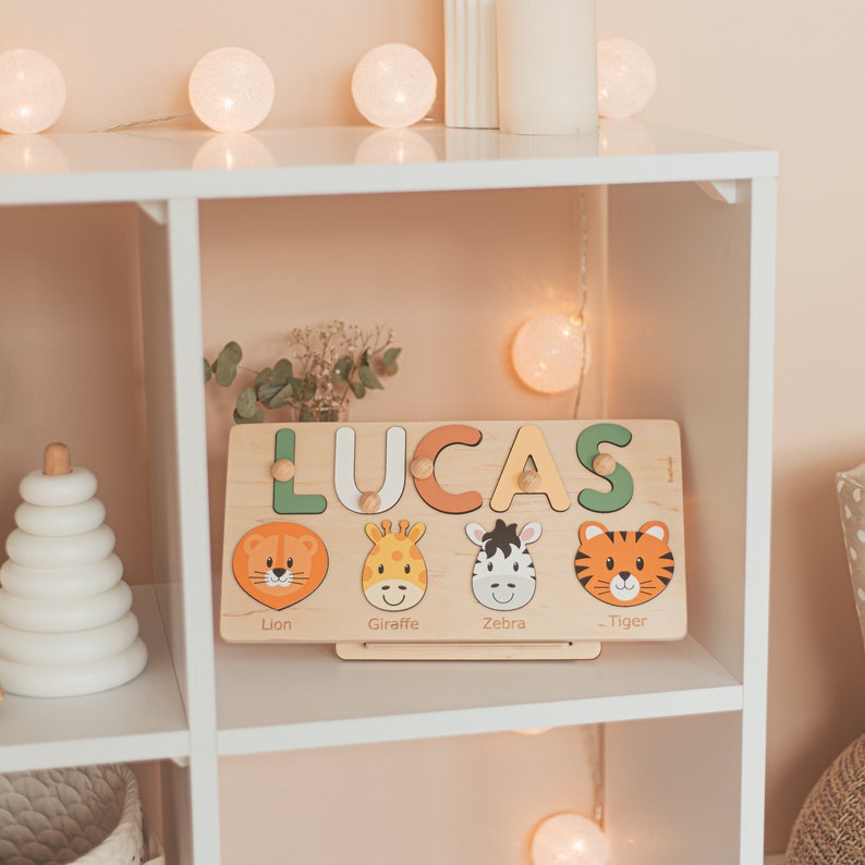 Name Puzzle With Woodland Animals, Woodland Nursery Decor, Baby Shower Gift, One Year Old Gif, Montessori Board, Toddler Toy, Gifts For Kids image 2